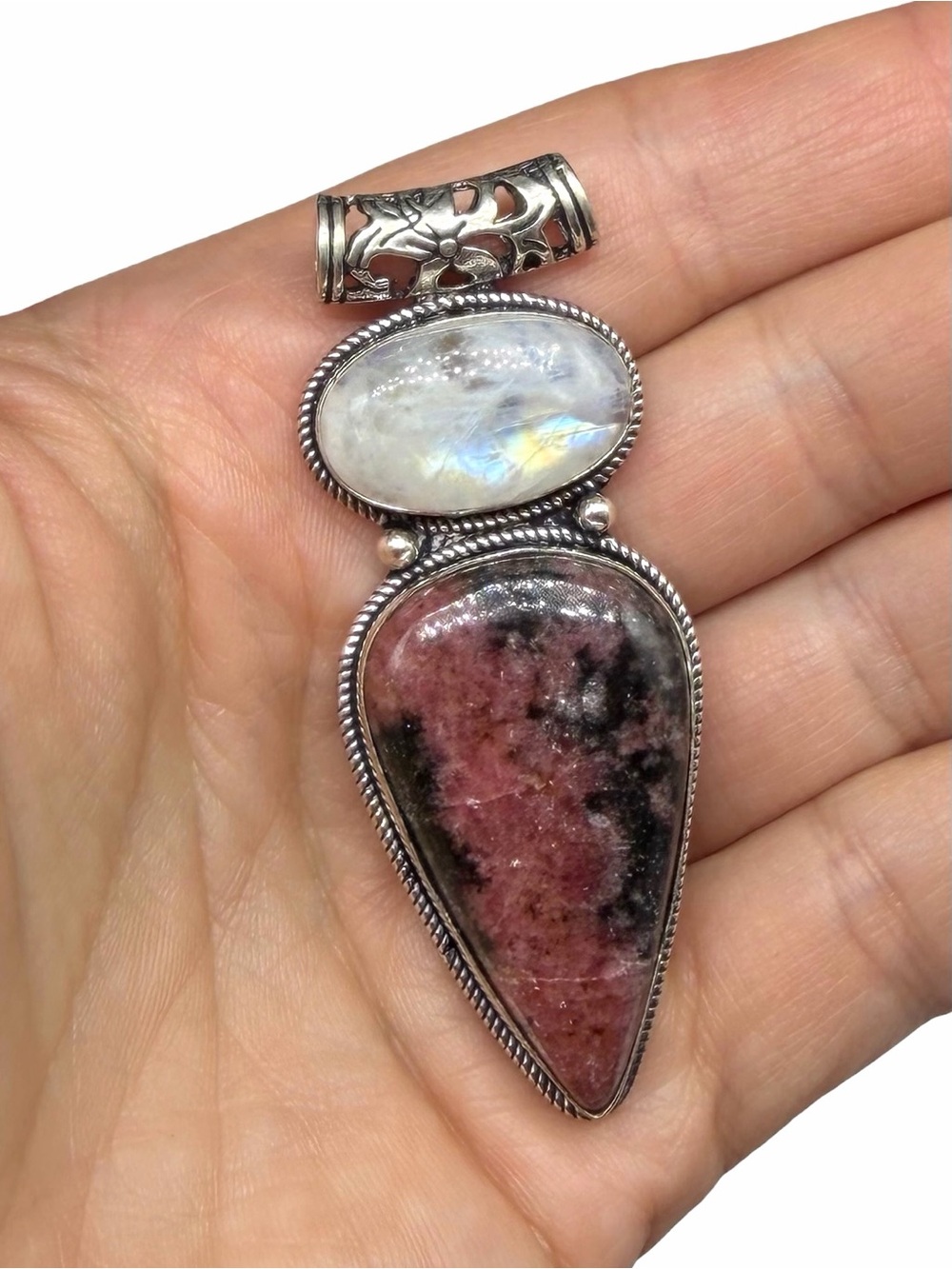 Rhodonite Rainbow Moonstone Necklace Pendant 925 Sterling Silver Overlay